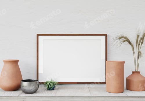 Preview: 3D living room and furniture with blank photo frame