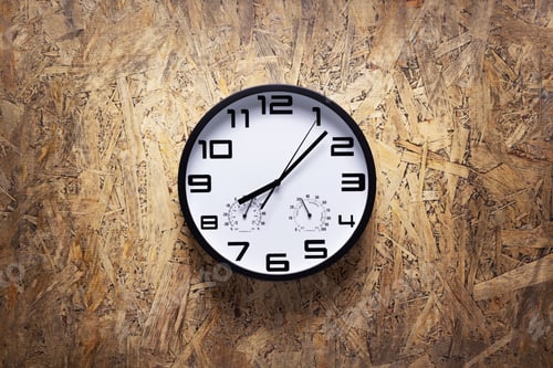 Preview: Clock watch at wooden chipboard of wall surface background texture