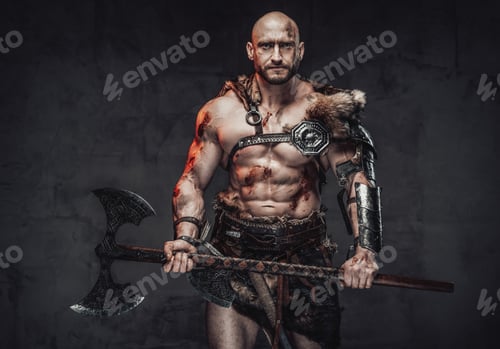 Preview: Powerful and bald viking holding huge axe in dark background