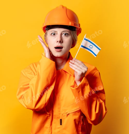 Preview: woman worker in helmet and orange overalls holding Israel flag