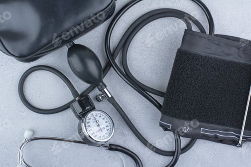 Preview: Blood pressure meter and stethoscope on marble background