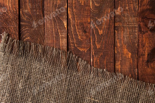 Preview: Dark wood with old burlap cloth, top view