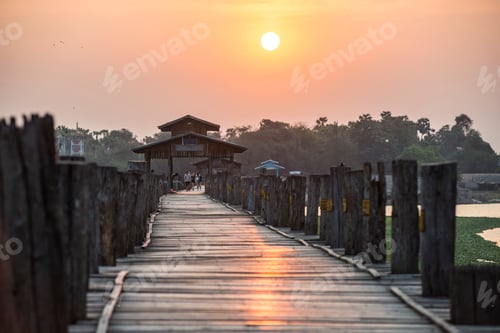 Preview: U Bein Teak Bridge at sunrise, a 1.2km wooden bridge in Mandalay, Mandalay Region, Myanmar (Burma)