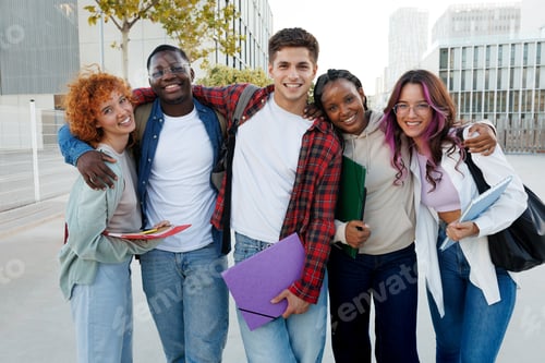 Preview: Happy university students hugging and smiling together outdoors