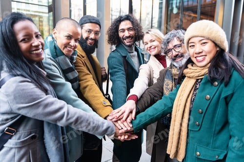 Preview: professional coworker people team stacking hands. Teamwork and cooperation