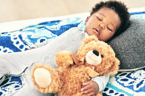 Preview: The best part of life is life itself. Shot of a baby boy asleep with his teddy bear in his arm.