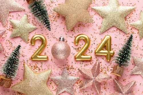 Preview: Happy New Year 2023 poster. Christmas background with gold 2023 numbers.
