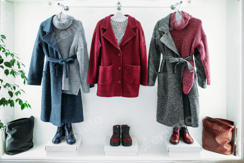 Preview: Showcase with female clothes in clothing store