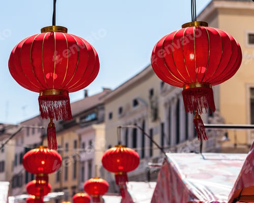 Preview: Red Festive Lanterns Hanging in an Urban Setting