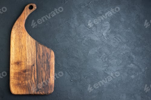 Preview: top view brown cutting board on dark background meal chic cuisine hardwood salad border food note