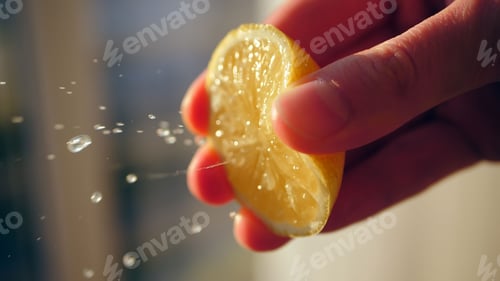 Preview: Hand squeezing a lemon at sunset