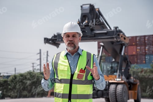 Preview: dock worker under discussion about dock container shipping warehouse document ,they wearing safety u