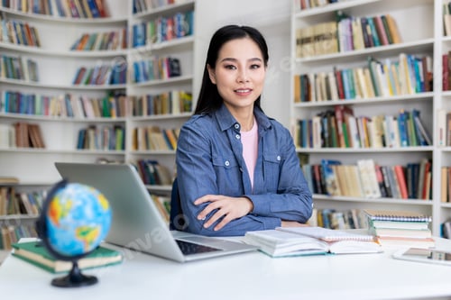 Preview: Professional woman working in a library setting with books and laptop