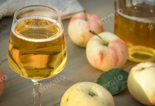 Preview: Homemade apple cider,wine end apples on grey wooden table