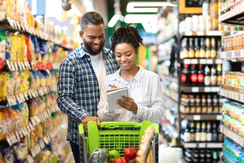 Preview: Happy Customers On Grocery Shopping, African Spouses Walking In Supermarket