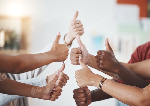 Preview: Thumbs up, diversity group and success team collaboration in the business workplace. Hand, teamwork