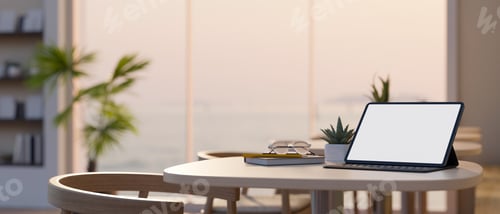 Preview: close-up image, Digital tablet mockup and decor plant on table in beautiful coffee shop
