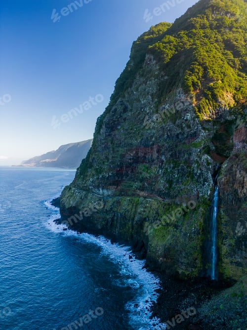 Preview: Beautiful view of cliffs and Corrego da Furna waterfall. Madeira, Portugal