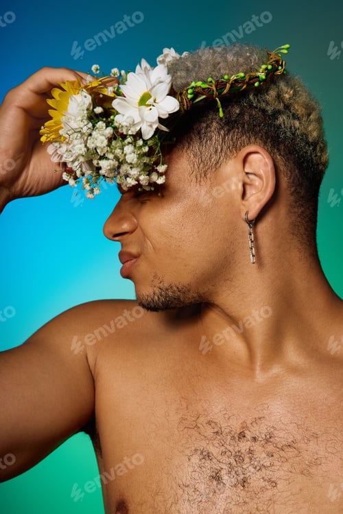 Preview: Stylish young man showcasing unique looks and creativity in a vibrant studio atmosphere