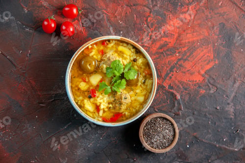 Preview: top view tasty meat soup with potatoes and rice inside little plate on dark surface food salad