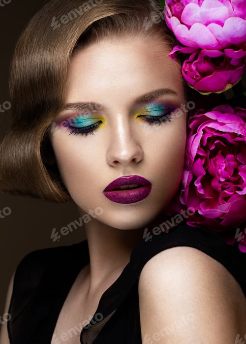 Preview: Beautiful girl with colorful make-up, flowers, retro hairstyle. beauty face.