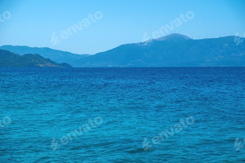 Preview: Sea landscape background. Mediterranean wavy sea, Greek blue sky, summer destination, space.