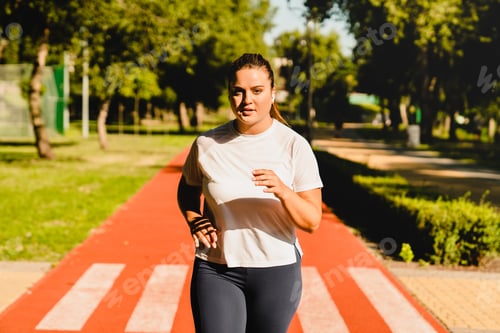 Athlete jogging running in fitness outfit losing weight while listening to music in stadium outdoors