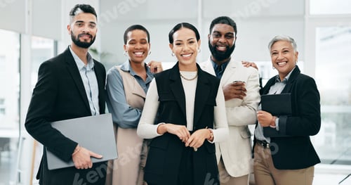 Preview: Corporate, business people and face with management, teamwork and diversity in office. Collaboratio