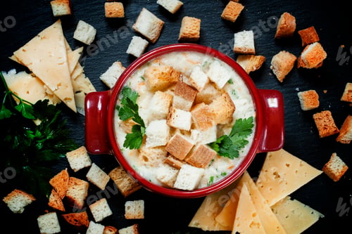 Preview: Cheese soup with croutons in red portioned saucepan, top view