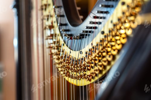 Preview: Fragment of a harp on stage closeup