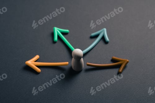 Preview: Wooden figure with colorful arrows pointing in different directions for strategic business decisi...