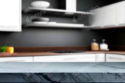 Preview: Empty marble top table with blurred kitchen interior Background. for product display.