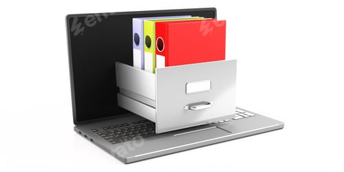 Preview: Document data archive storage. Computer laptop isolated on white background. 3d illustration