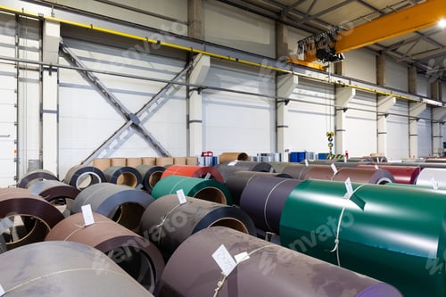 Preview: Photo shot of rolls of steel sheet stored in warehouse; Cold rolled steel coils at the factory