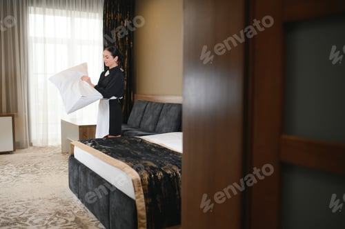 Preview: Maid holding fresh towels with flowers in hotel room
