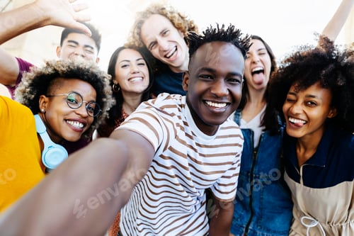 Preview: Group of multiracial happy best friends taking selfie photo with smartphone