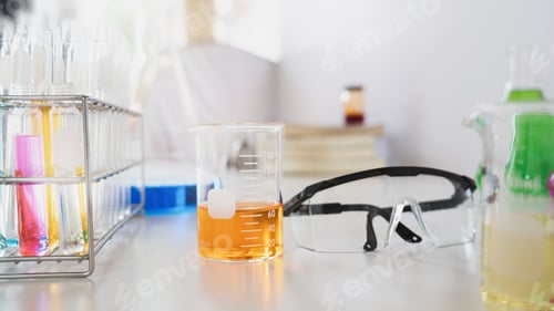 Preview: Photo of scientific experiment desk with chemistry glassware, stack of books.