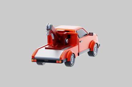 Preview: Red and white vehicle with a large, flat bed.