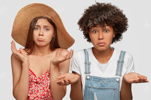 Preview: Photo of puzzled hesitant mixed race women look with clueless expressions, shrug shoulders, wear cas