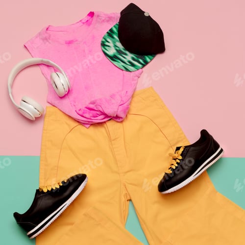 Preview: Flat lay fashion sports outfit set: shoes sneakers, trousers and