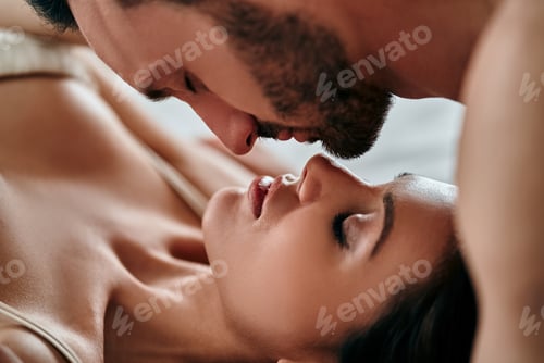Vista previa: The passionate man and woman kissing in the bed.