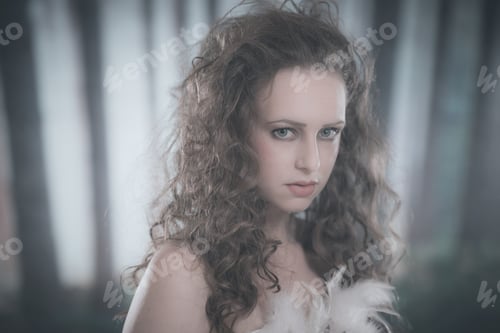 Preview: Ballet Fashion Style Brunette Woman. Wearing White Corset. In Misty Forest.