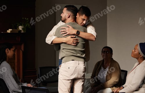 Preview: Men, support group hug and therapy counseling for drug abuse and mental health problem. Empathy, ps
