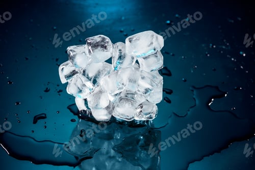 Preview: melting ice cubes on black with water and drops