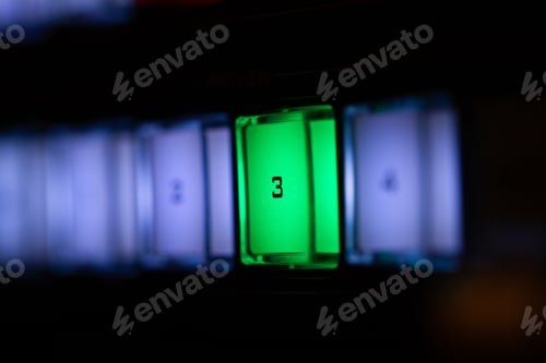 Preview: Audio and video production switcher of television broadcast, buttons on black background