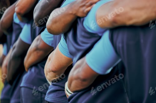 Preview: Rugby, sports and team of athletes embracing and standing together for support, unity and teamwork