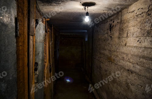 Preview: A terrible dark concrete corridor in the basement with locked doors, lit by a single light bulb