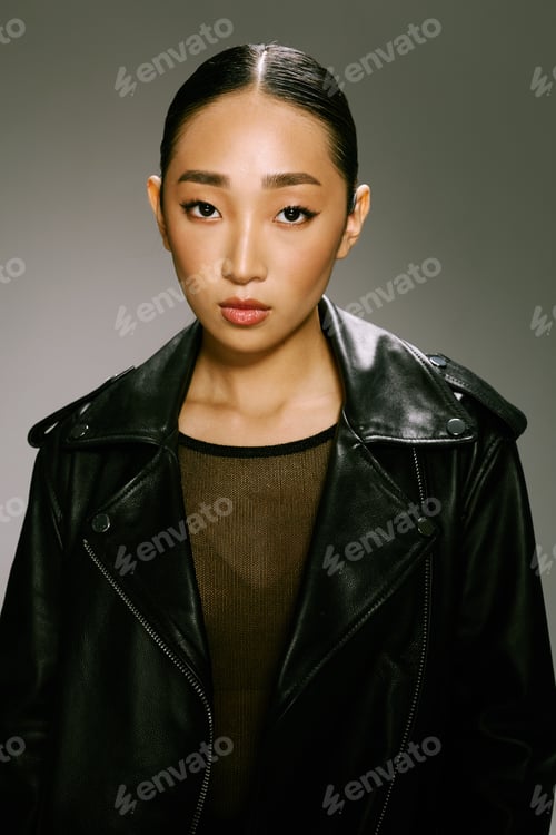 Preview: Fashion asian beauty woman leather jacket posing photo gray background portrait glamour trendy style