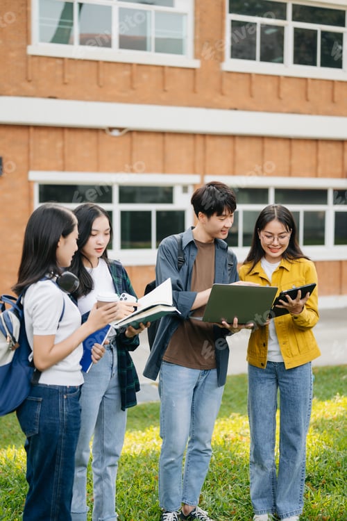 Preview: Young Asian college students and a female student group work at the campus park