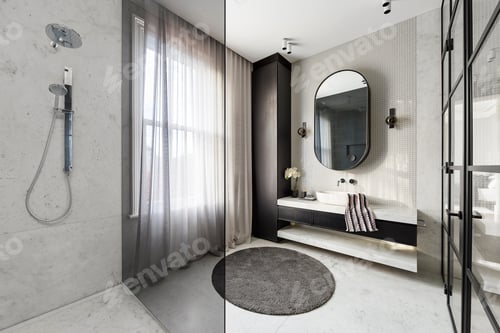 Clean Modern Bathroom with Round Mirror and Shower